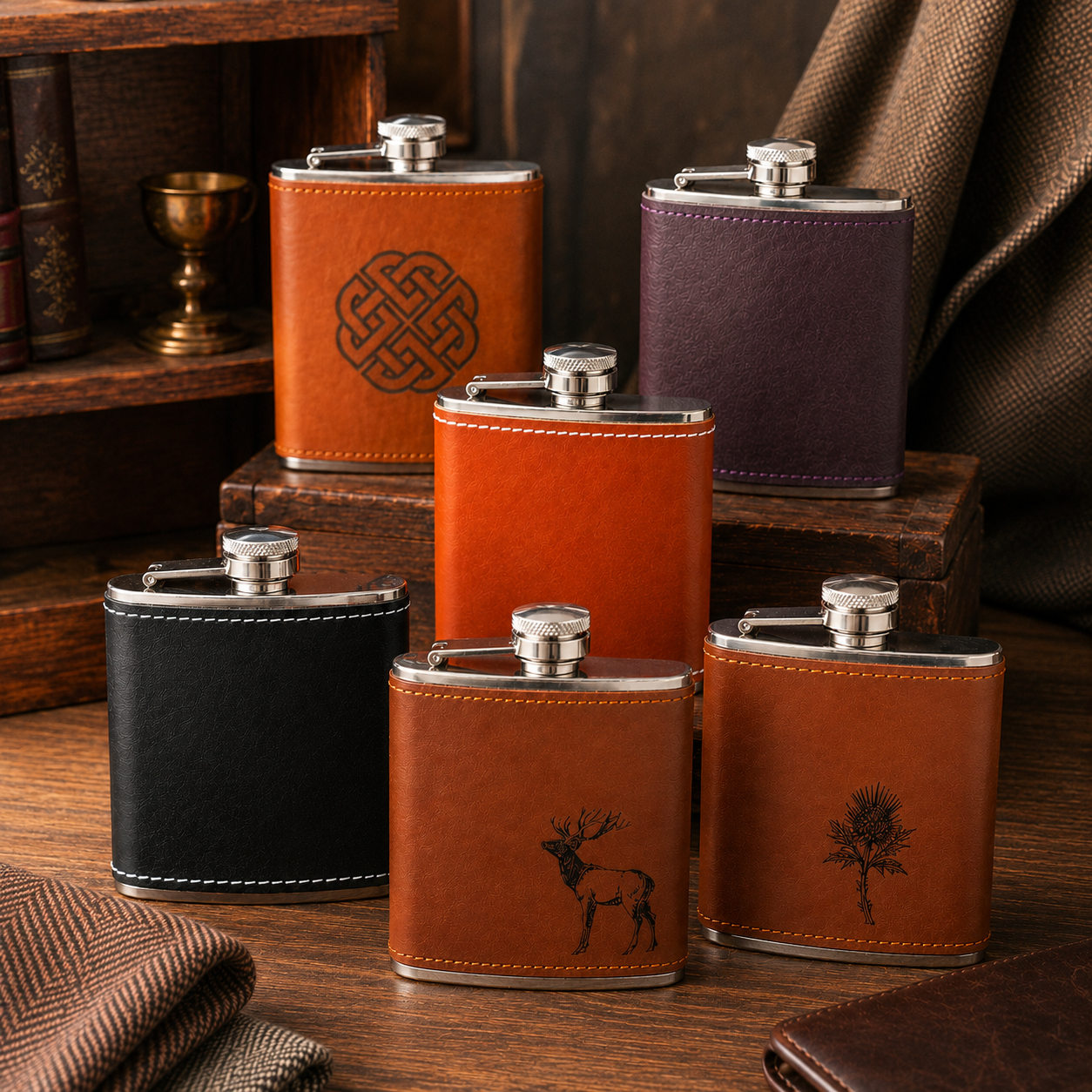 Edelstahl- Flachmann 6 oz mit Lederbezug Thistle