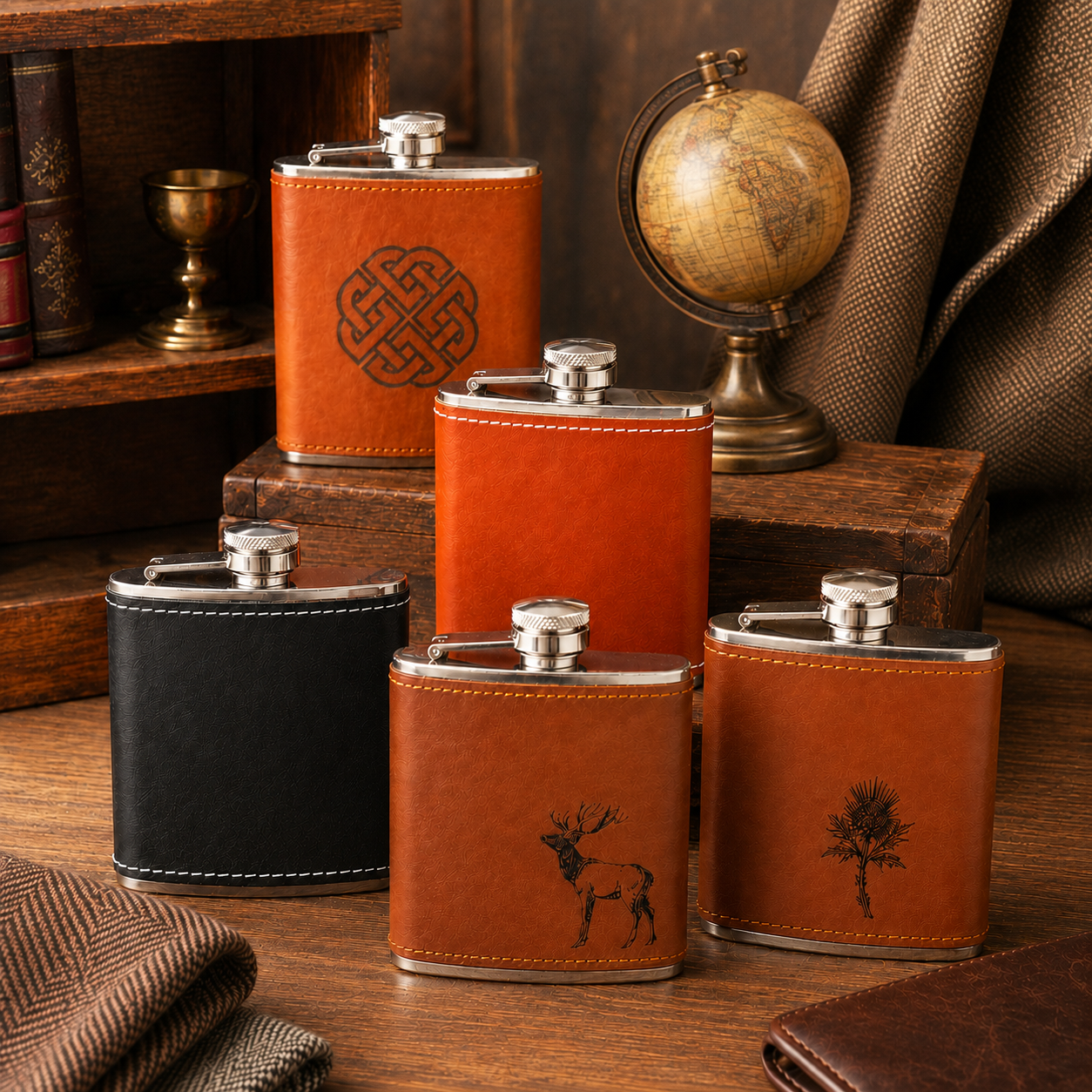 Edelstahl- Flachmann 6 oz mit schwarzem Lederbezug