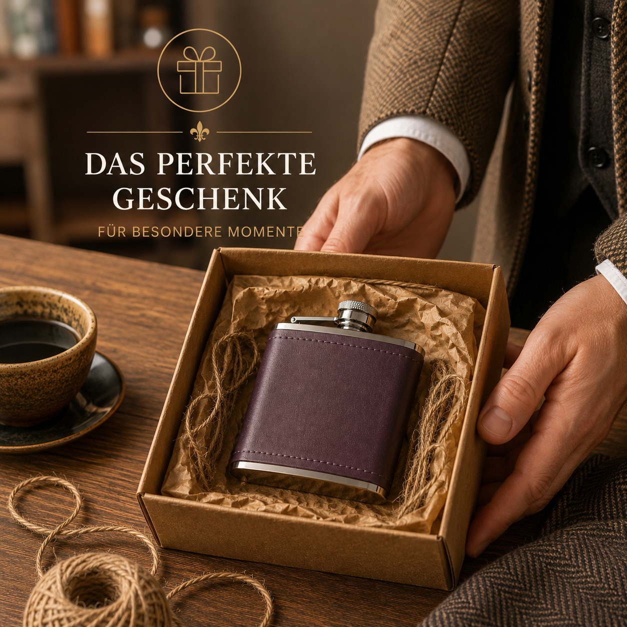 Edelstahl- Flachmann 6 oz mit Lederbezug